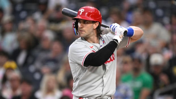 Sep 5, 2023; San Diego, California, USA; Philadelphia Phillies first baseman Bryce Harper (3) bats against the San Diego Padres during the first inning at Petco Park. Mandatory Credit: Orlando Ramirez-USA TODAY Sports